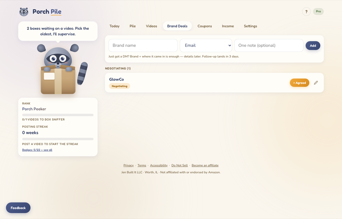 The Brand Deals tab with a quick-add bar at the top and deals grouped by stage