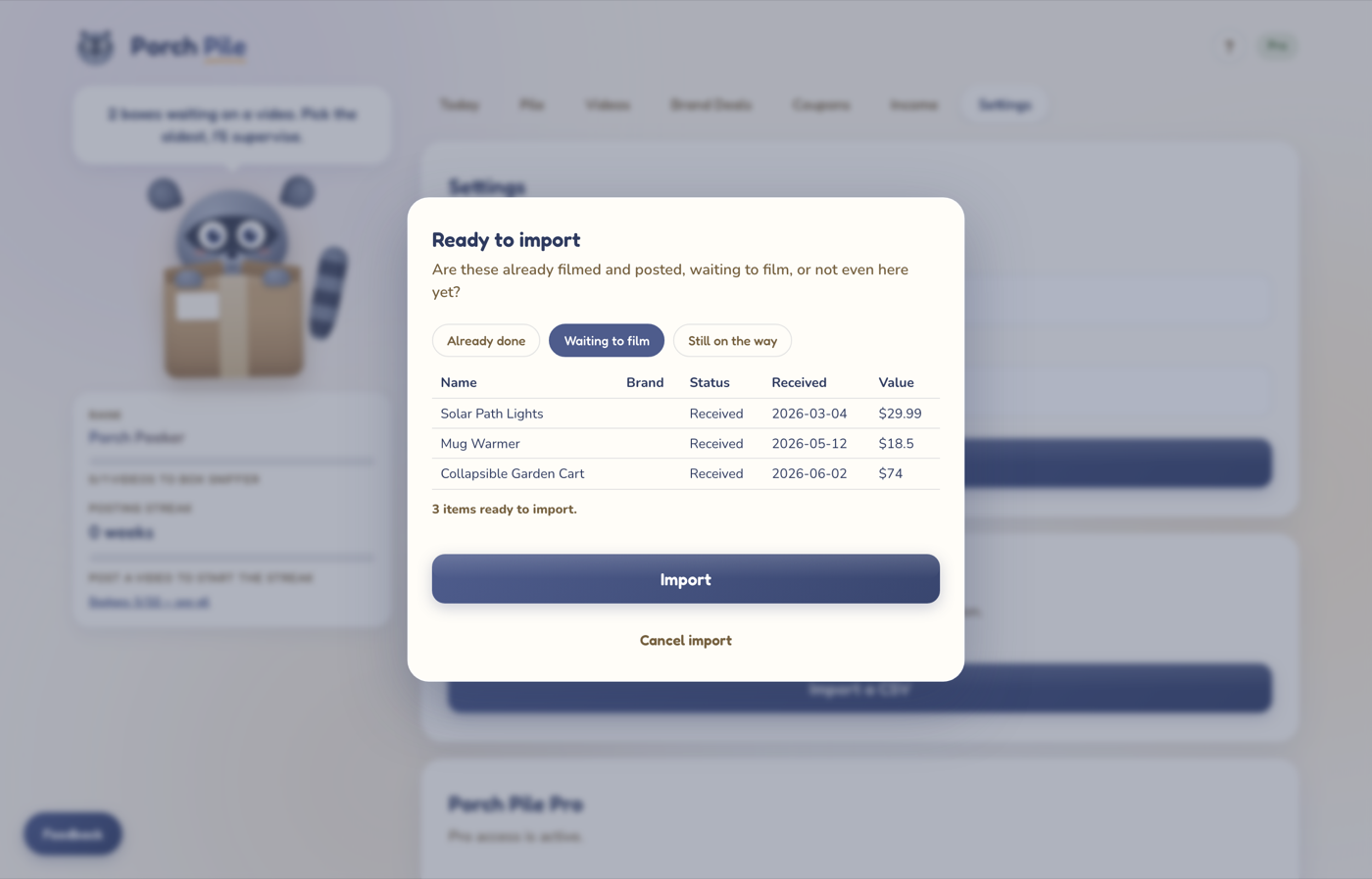 Import step four showing the status question, a preview table of the first rows, and the count ready to import