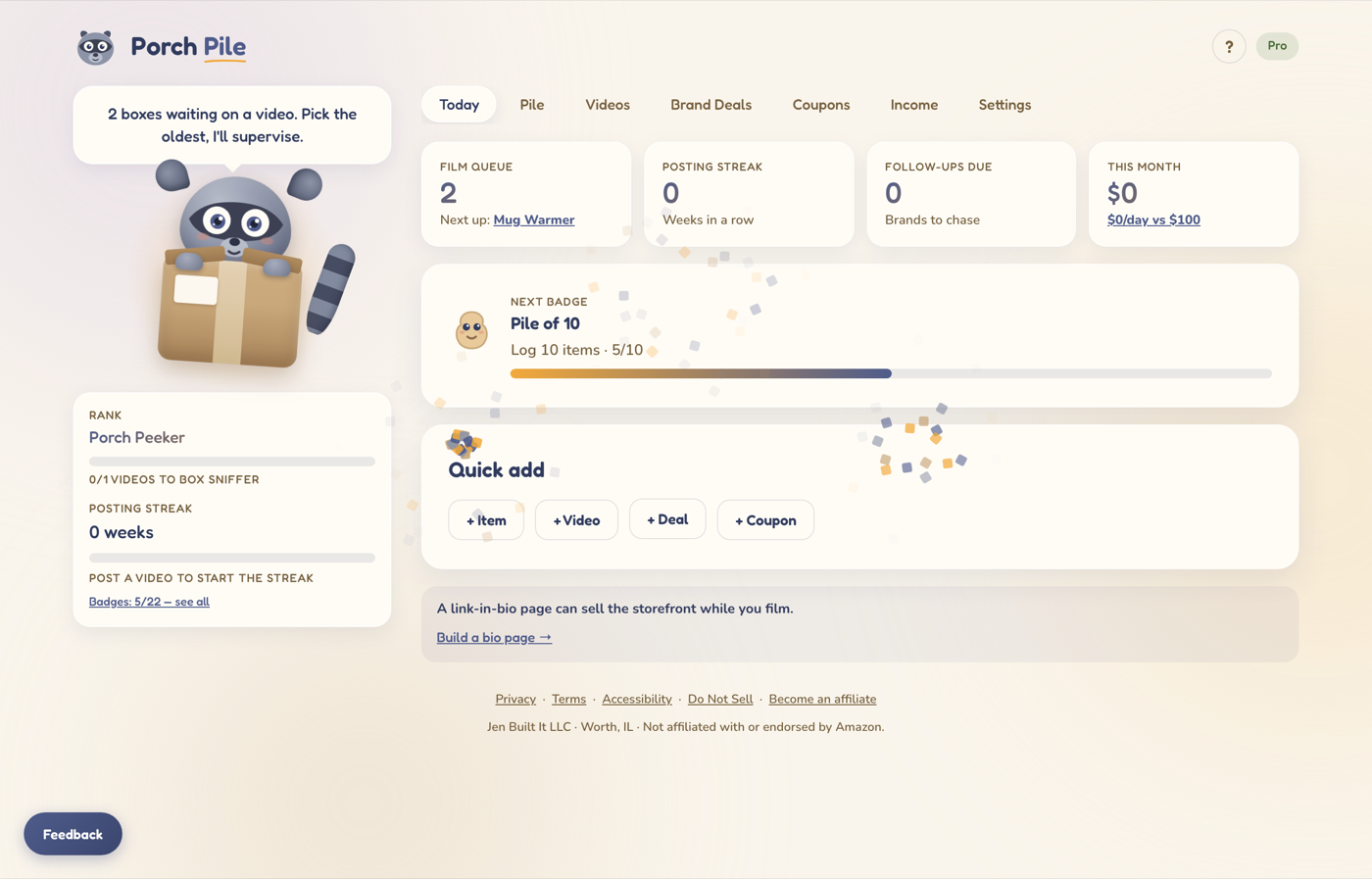 The Today tab showing the film queue count, posting streak, follow-ups due, and monthly pace tiles